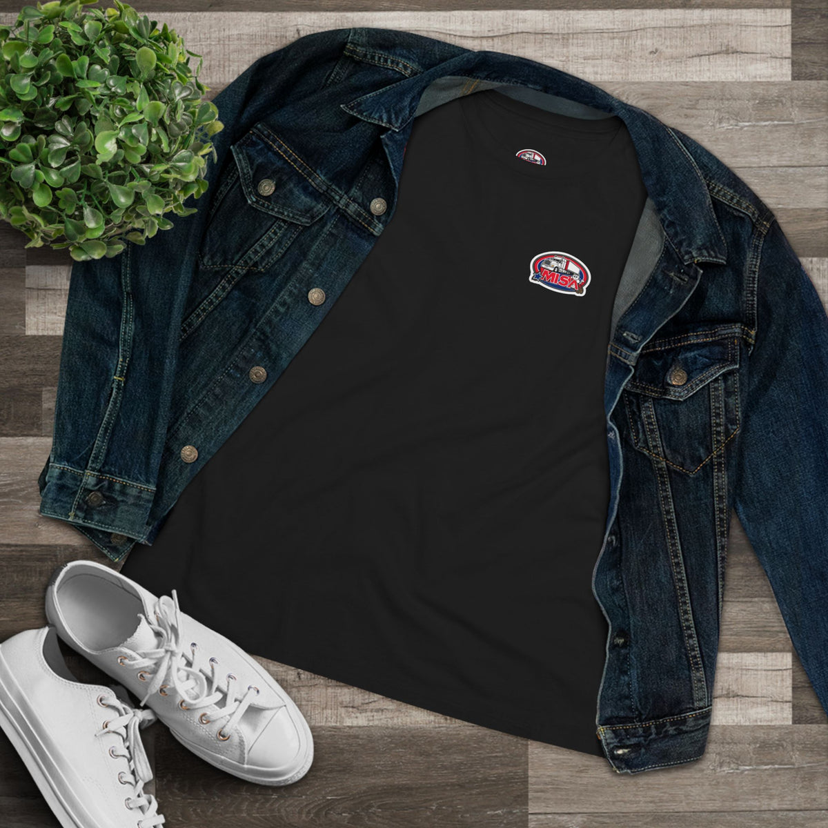 Patriotic women's cotton t-shirt with "We Drive America's Economy" slogan, featuring a patriotic design on a black background.