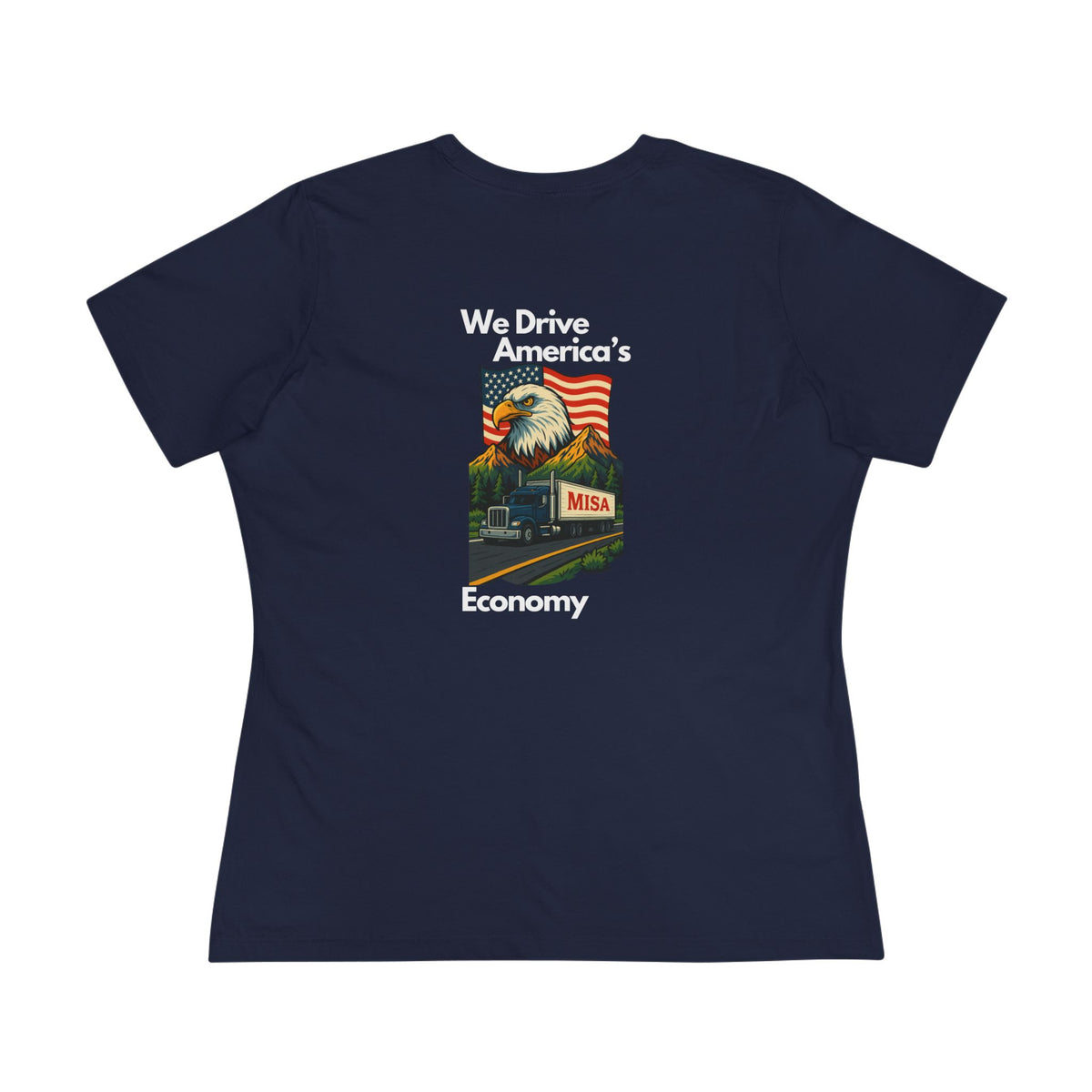 Patriotic women's cotton T-shirt by Printify featuring "We Drive America's Economy" slogan on blue fabric.