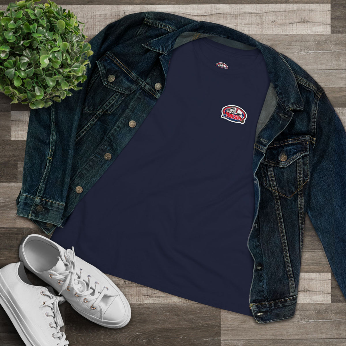 Patriotic women's cotton T-shirt with "We Drive America's Economy" slogan, featuring an asphalt-colored background and casual fit.