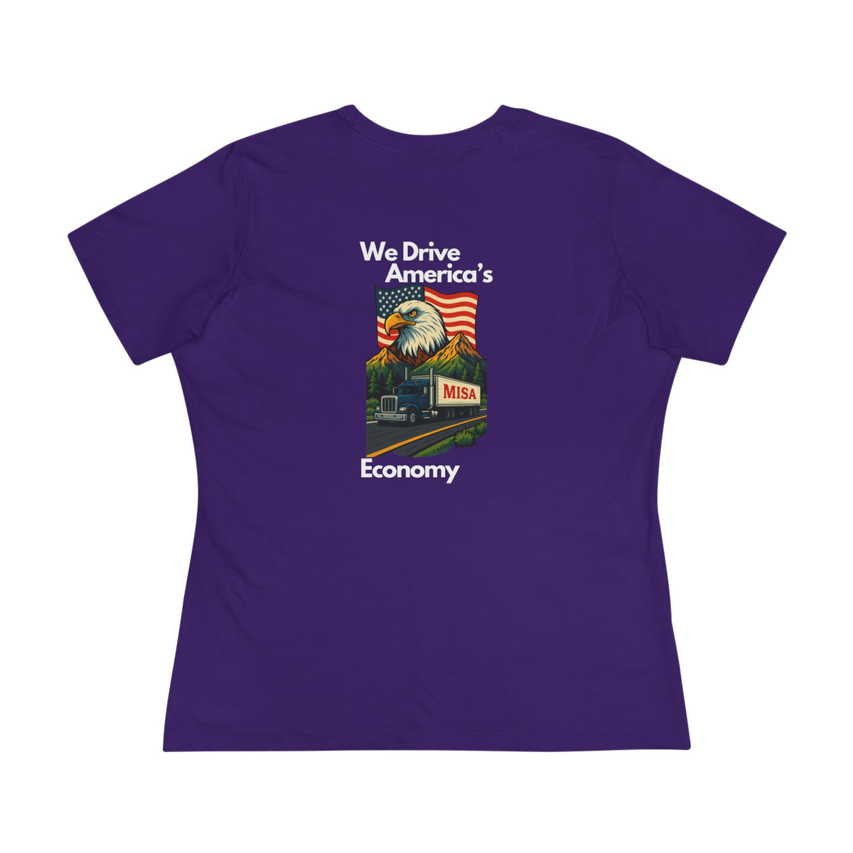 Patriotic women's cotton T-shirt with "We Drive America's Economy" slogan, featuring a bold print on a black tee.