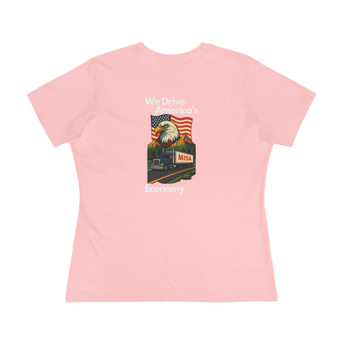 Patriotic women's cotton T-shirt with "We Drive America's Economy" slogan, in asphalt color, by Printify.