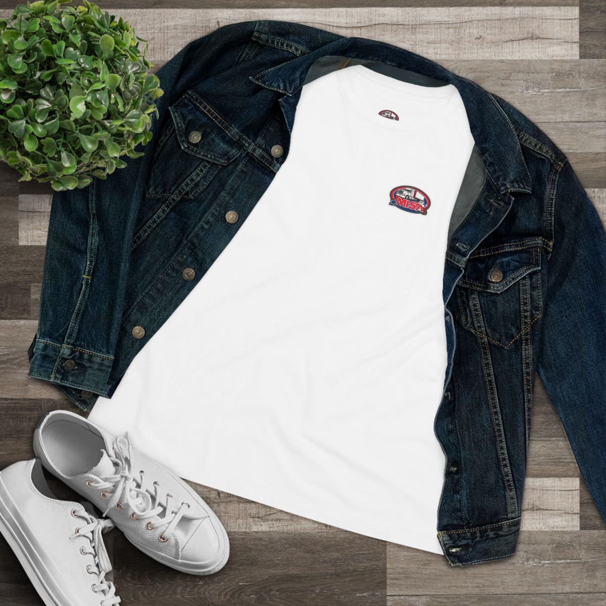Women's Cotton T-Shirt with "We Drive America's Economy" graphic, athletic heather fabric, by Printify.