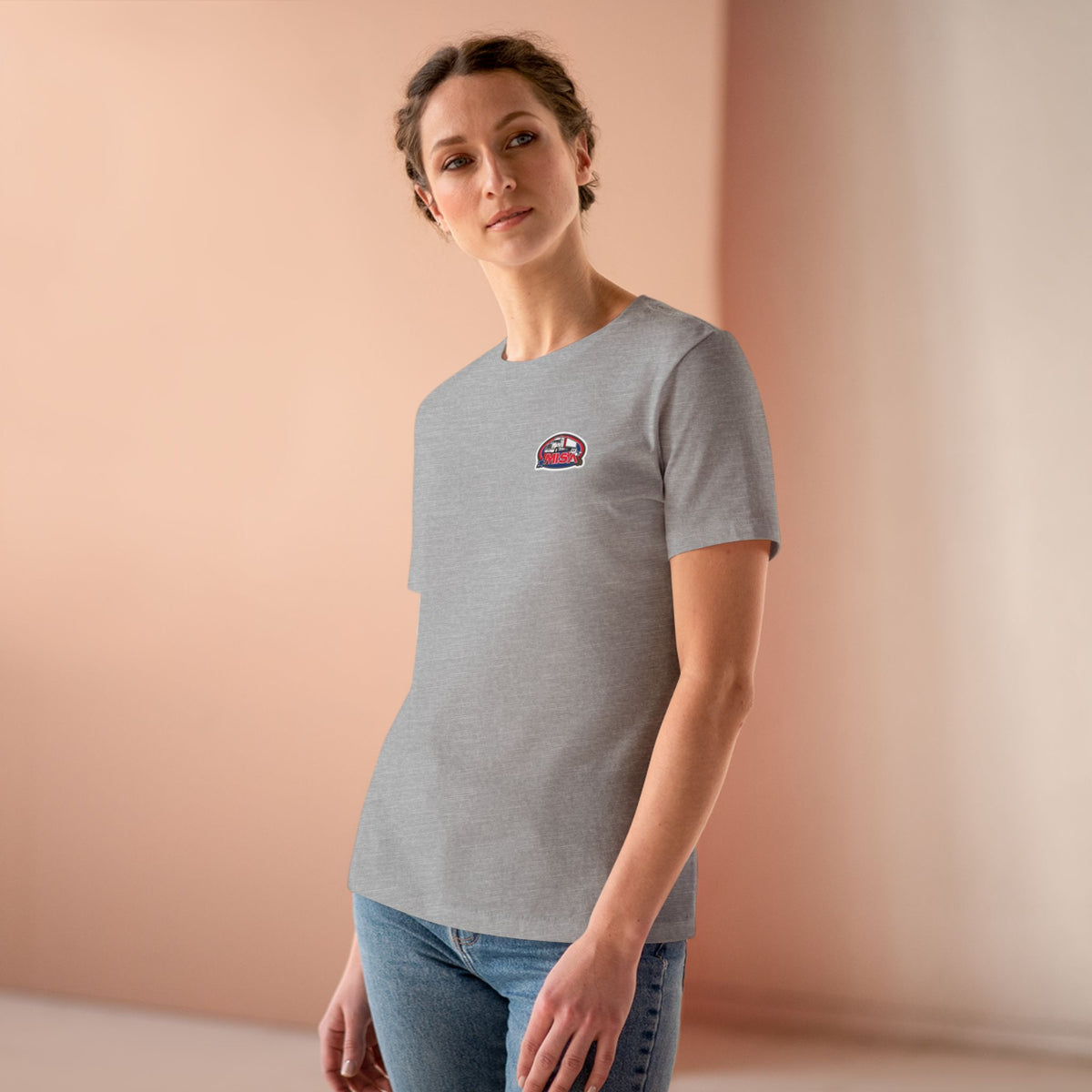 Women's cotton T-shirt with "We Drive America's Economy" graphic, athletic heather fabric, by Printify.