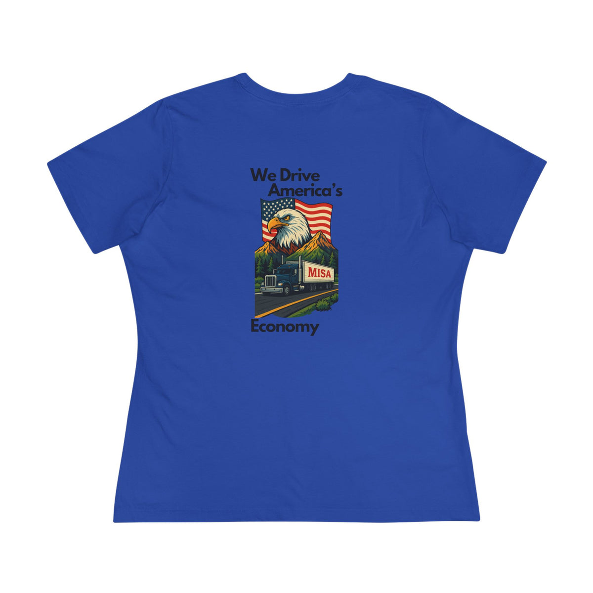 Women's cotton T-shirt by Printify featuring a graphic design that says "We Drive America's Economy" on an athletic heather fabric.