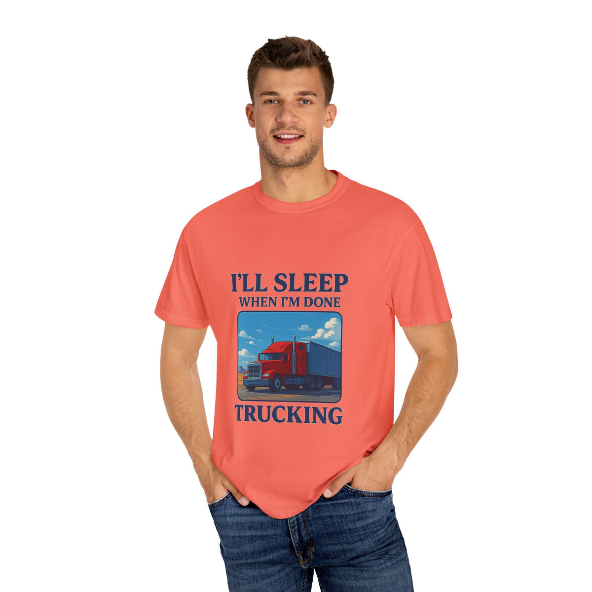 White Trucker Life T-Shirt from Printify featuring the slogan "I'll Sleep When I'm Done" in bold text.
