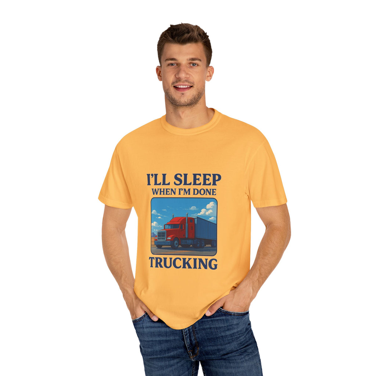 White Trucker Life T-Shirt by Printify with humorous "I'll Sleep When I'm Done" slogan, casual fit, and comfortable fabric.