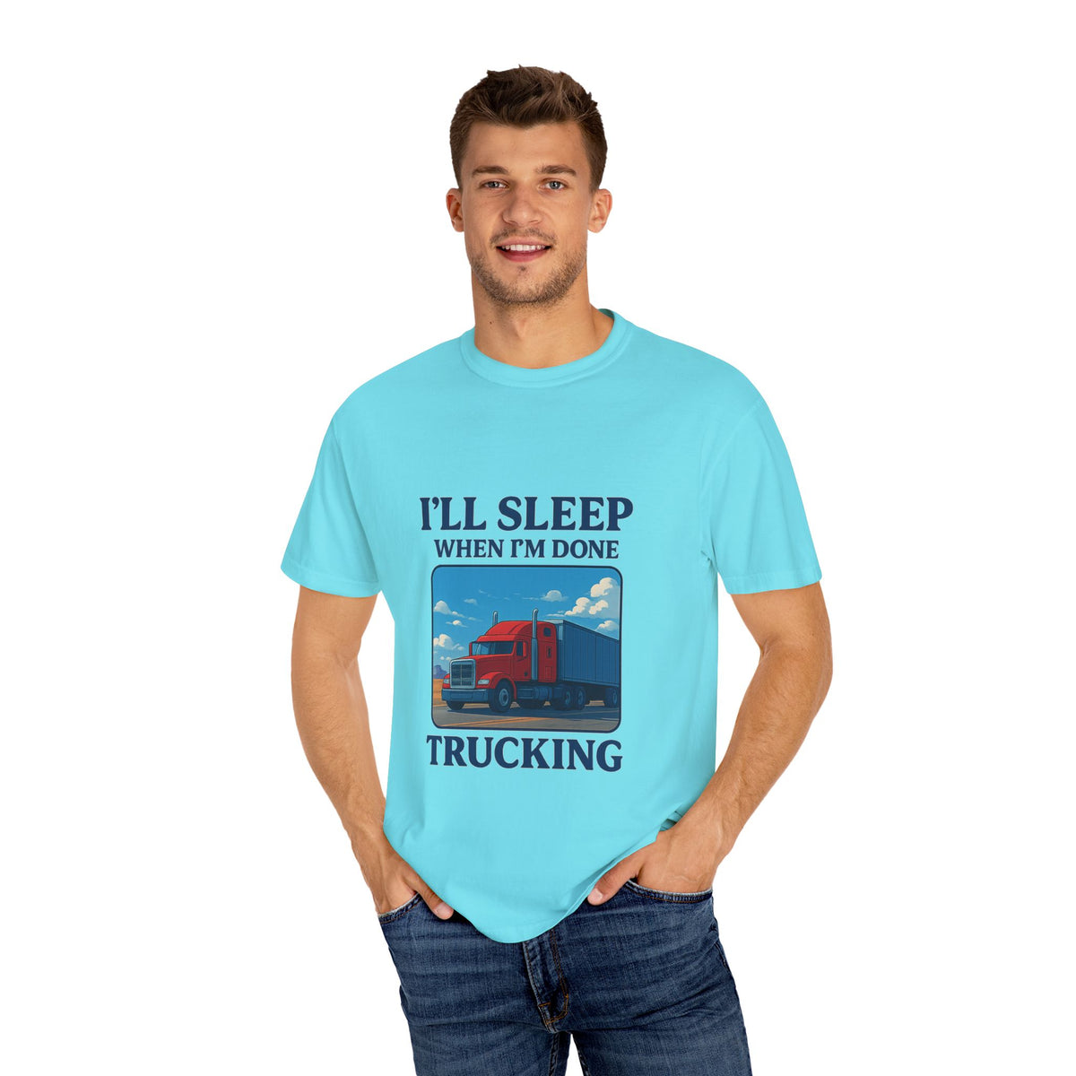 White Trucker Life T-Shirt by Printify featuring bold text "I'll Sleep When I'm Done" on the front.