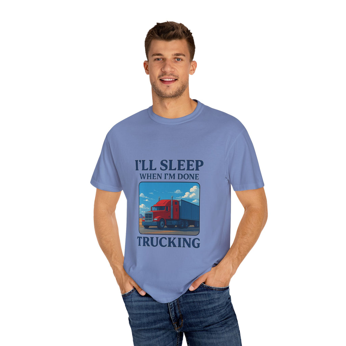 White Trucker Life T-Shirt by Printify featuring the humorous "I'll Sleep When I'm Done" slogan, casual and comfortable fit.