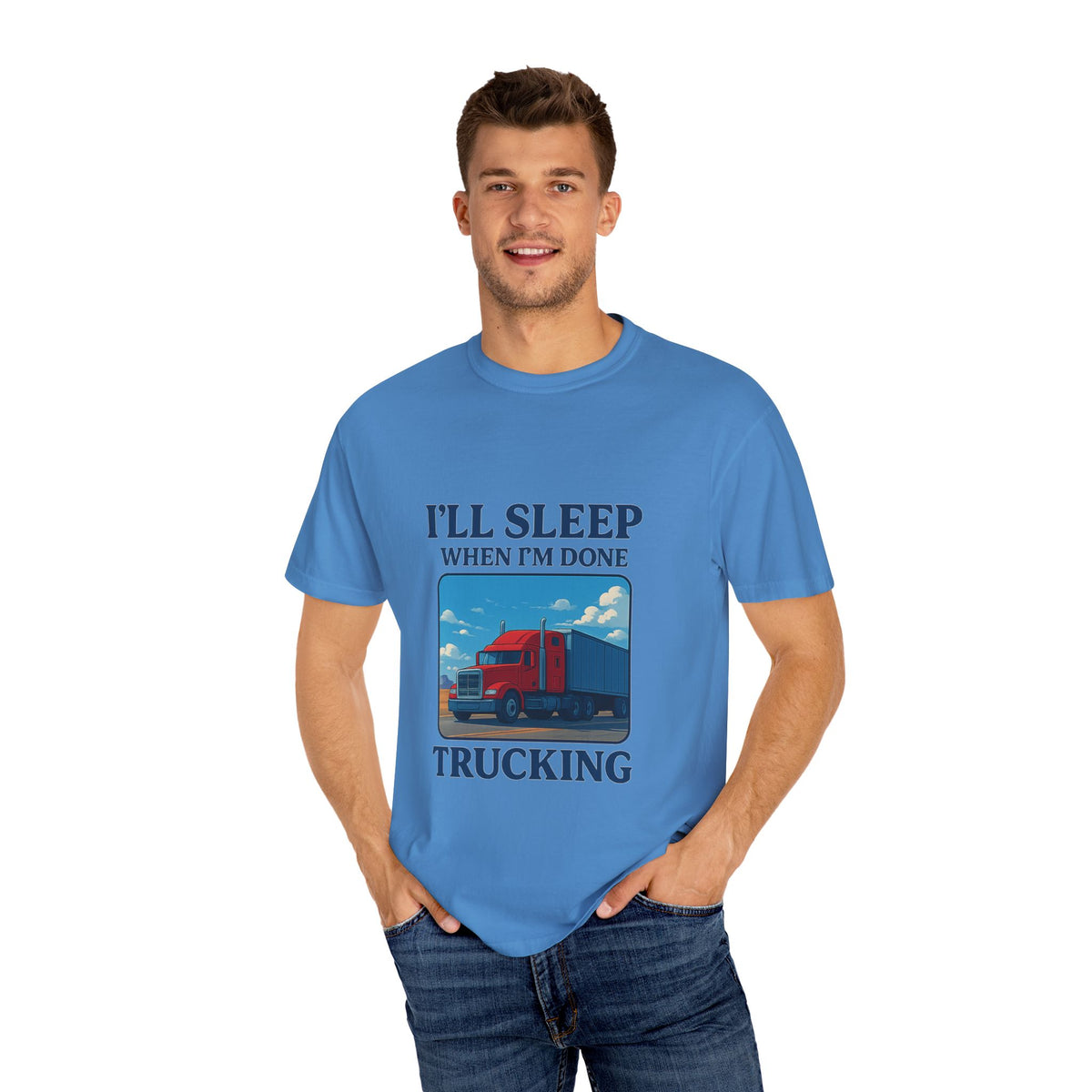 White Trucker Life T-Shirt by Printify featuring bold text "I'll Sleep When I'm Done" on the front.