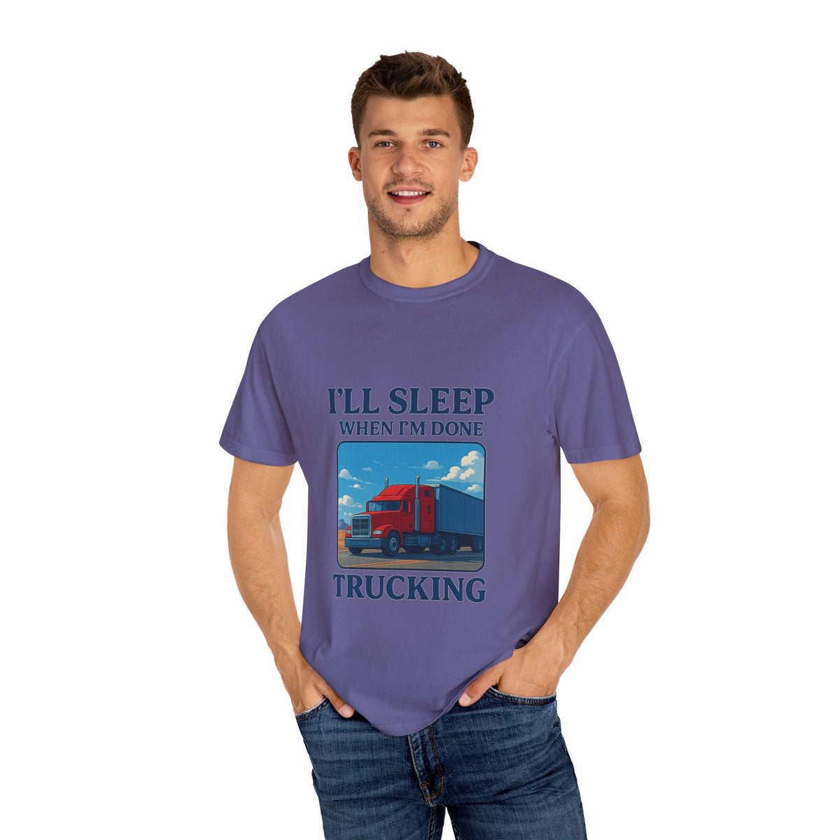 White Trucker Life T-Shirt by Printify featuring bold text that says "I'll Sleep When I'm Done."