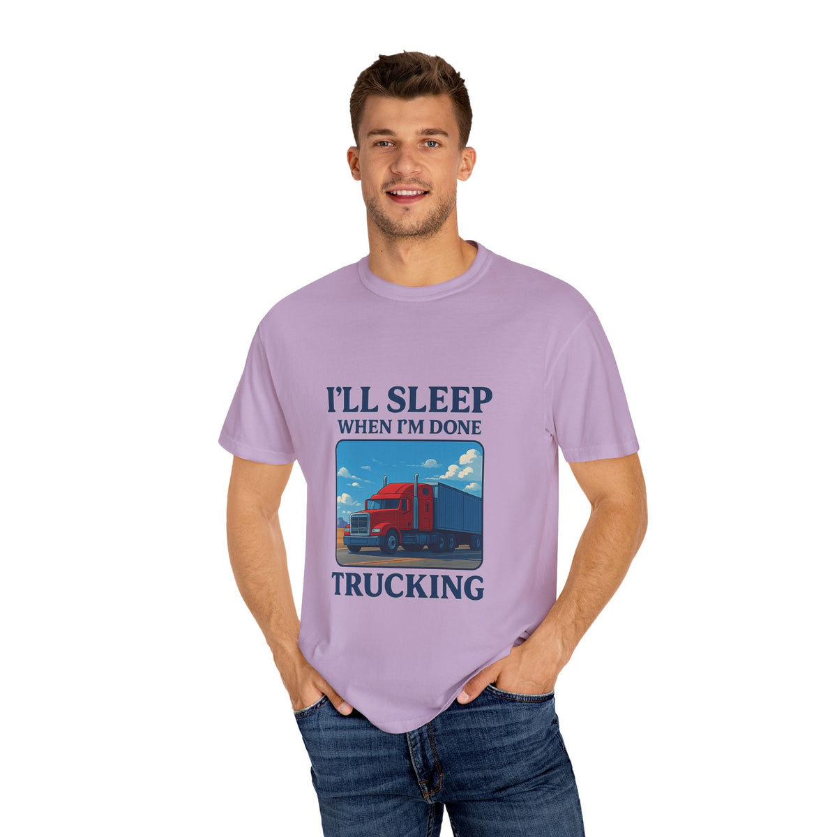 White Trucker Life T-Shirt from Printify with bold printed slogan "I'll Sleep When I'm Done" on front.