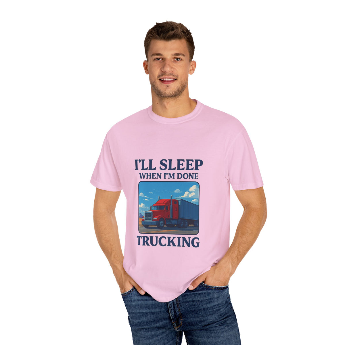 White Trucker Life T-Shirt by Printify featuring bold text "I'll Sleep When I'm Done" on the front.