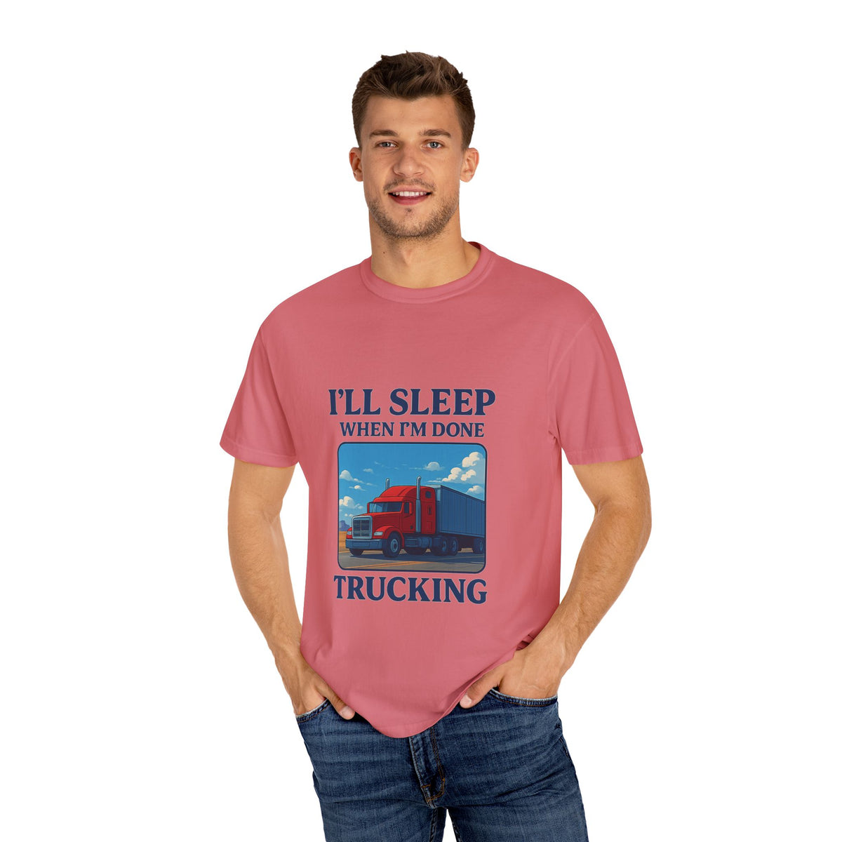 White Trucker Life T-Shirt by Printify featuring bold "I'll Sleep When I'm Done" slogan on the front.