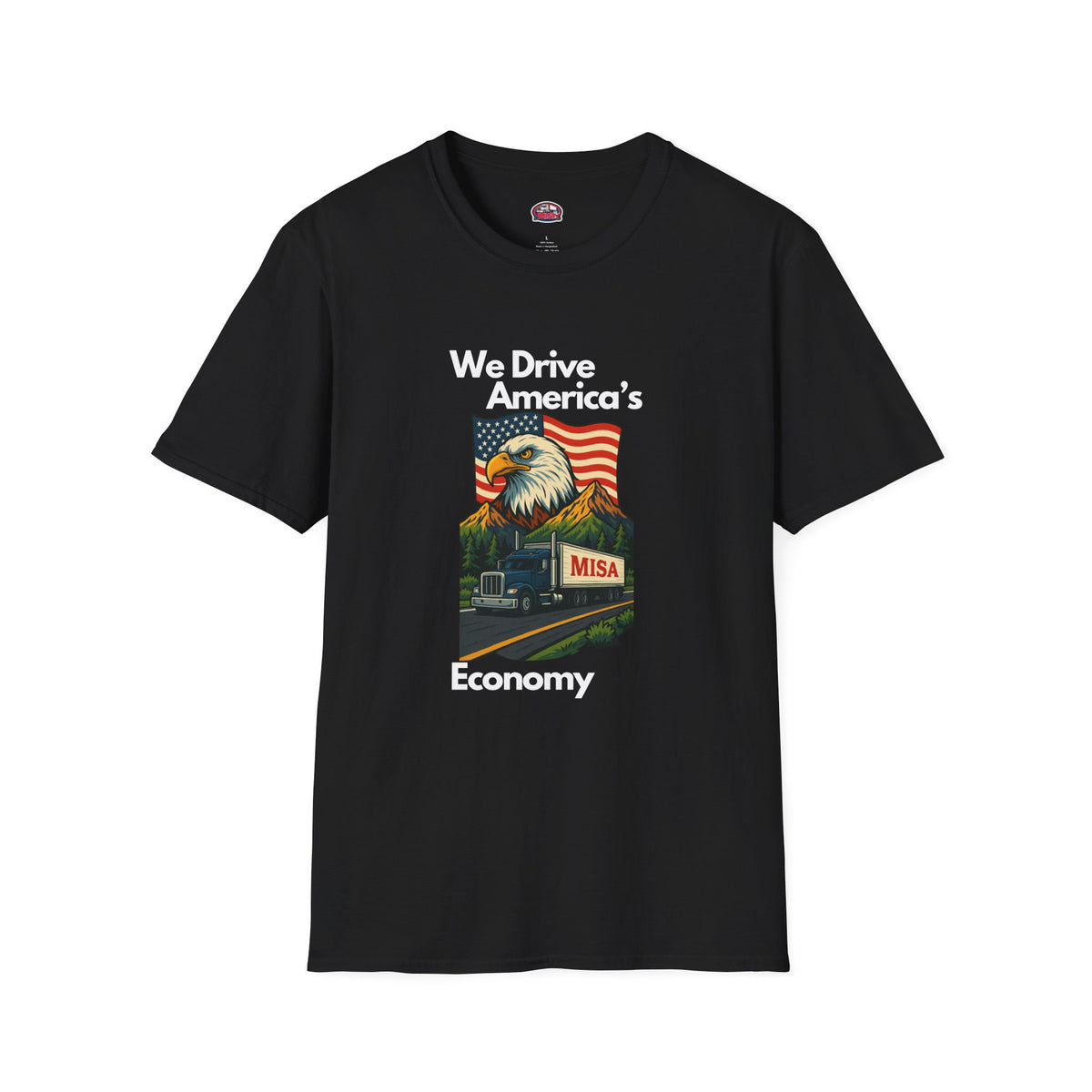 Charcoal unisex softstyle T-shirt featuring vintage truck design with "We Drive America's Economy" slogan, by Printify.
