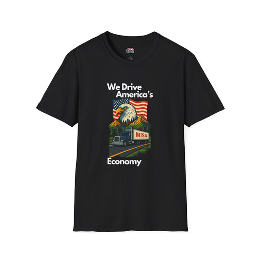Charcoal unisex softstyle T-shirt featuring vintage truck design with "We Drive America's Economy" slogan, by Printify.
