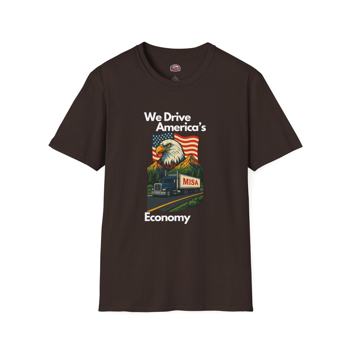 Charcoal unisex softstyle T-shirt with vintage truck design and "We Drive America's Economy" slogan by Printify.