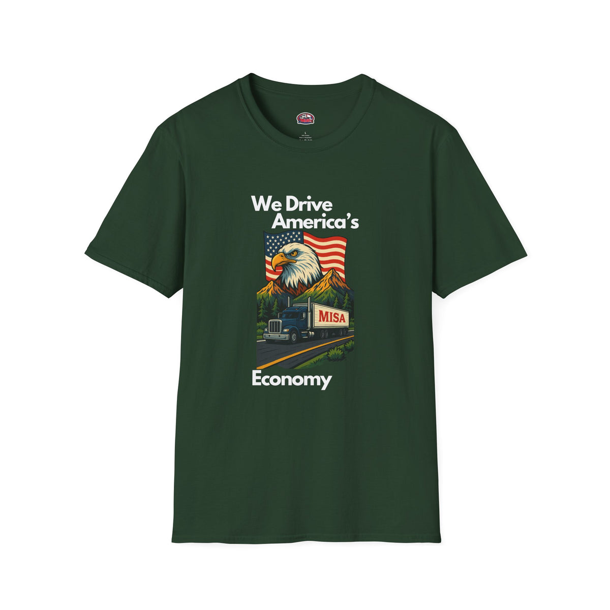 Charcoal unisex softstyle T-shirt with vintage truck design and "We Drive America's Economy" slogan by Printify