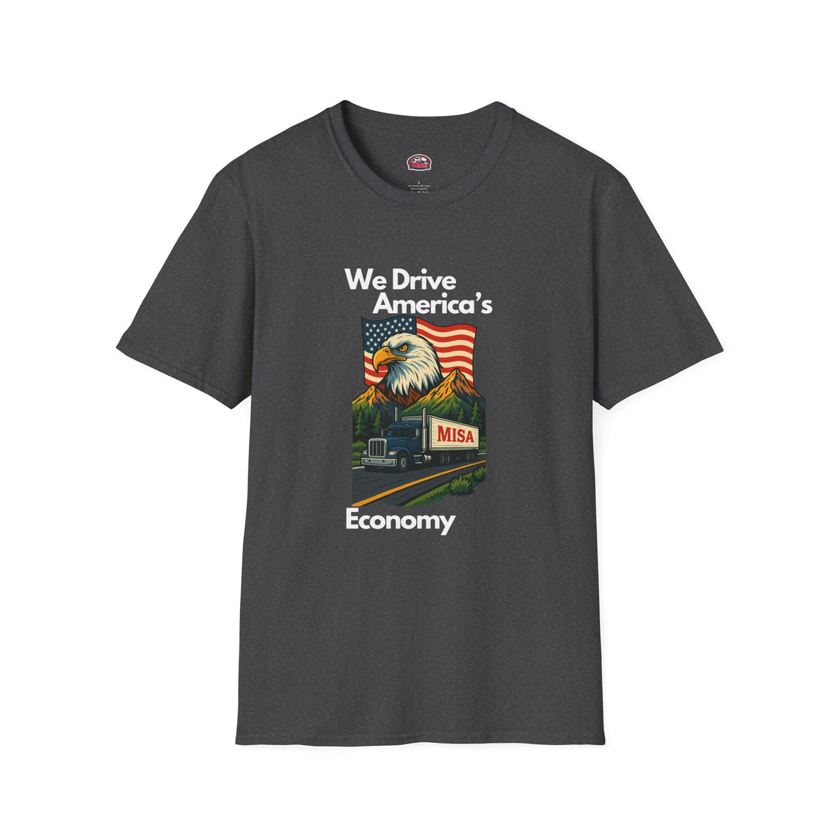 Charcoal unisex softstyle T-shirt with vintage truck design and "We Drive America's Economy" slogan by Printify.