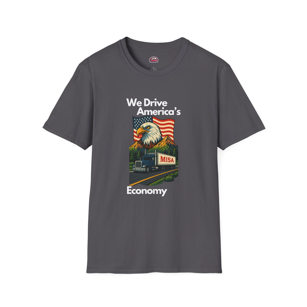 Unisex charcoal softstyle T-shirt with vintage truck and "We Drive America's Economy" printed design.