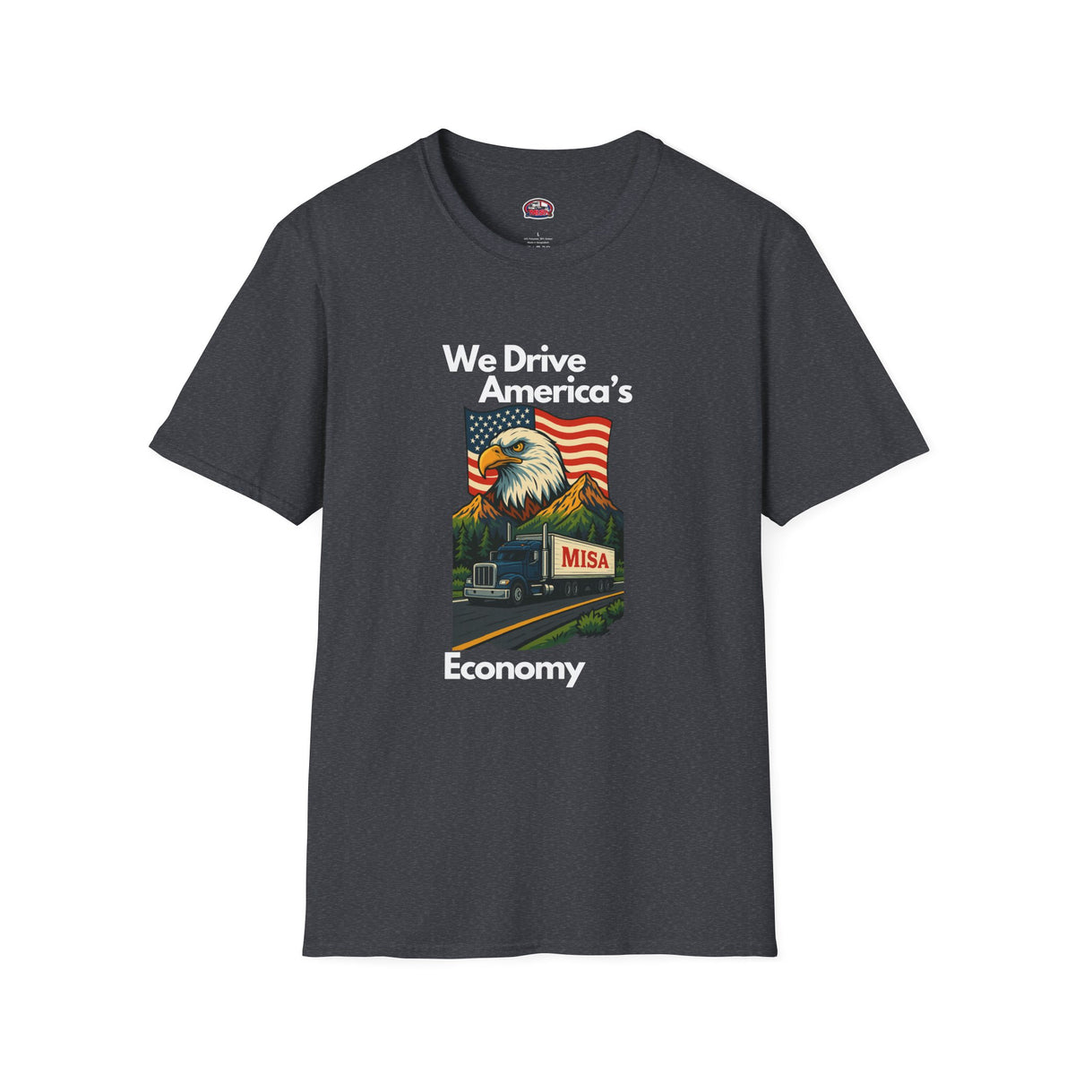 Charcoal unisex softstyle T-shirt with vintage truck design and "We Drive America's Economy" slogan, printed by Printify.