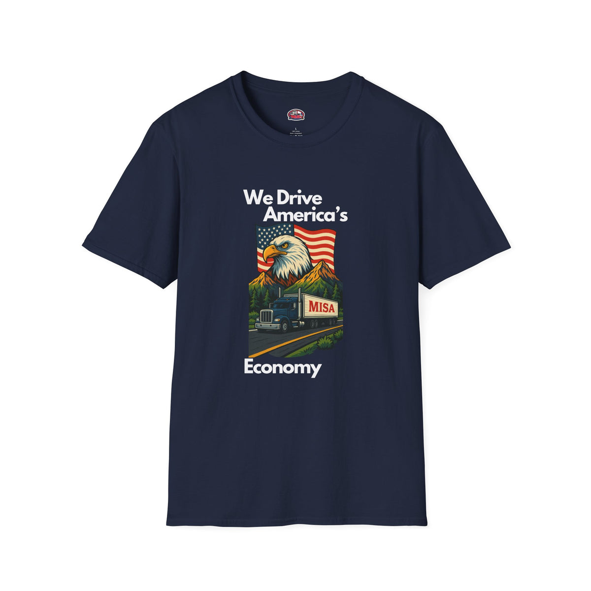 Charcoal unisex softstyle T-shirt with vintage truck design and "We Drive America's Economy" slogan by Printify.