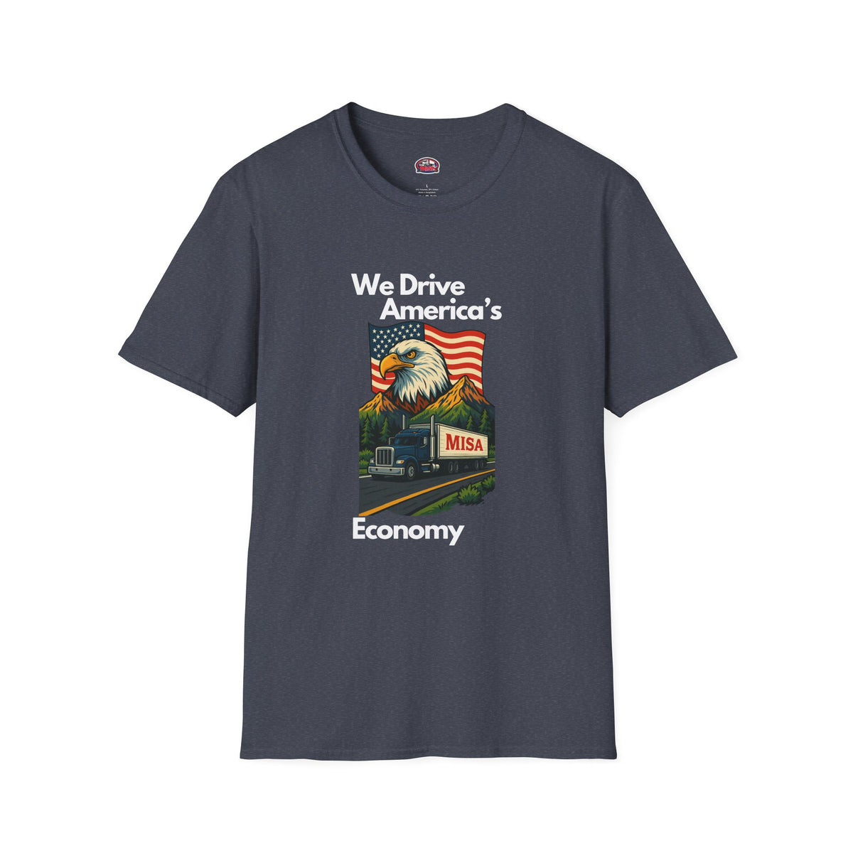 Unisex charcoal softstyle T-shirt with vintage truck graphic and "We Drive America's Economy" slogan, by Printify.