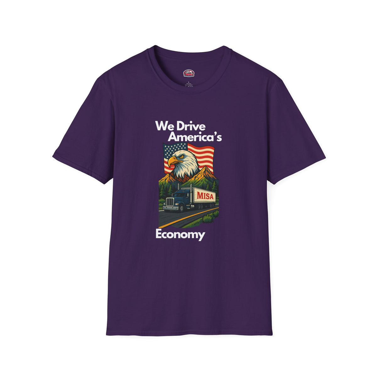 Charcoal unisex softstyle T-shirt with vintage truck graphic and "We Drive America's Economy" slogan, by Printify.