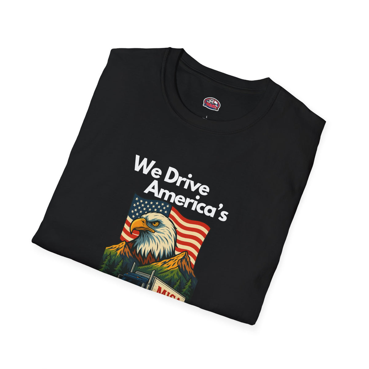 Unisex charcoal softstyle T-shirt with vintage truck design and "We Drive America's Economy" slogan, from Printify.