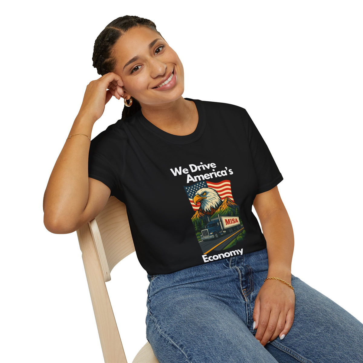 Charcoal unisex softstyle T-shirt with vintage truck design and "We Drive America's Economy" slogan, from Printify.