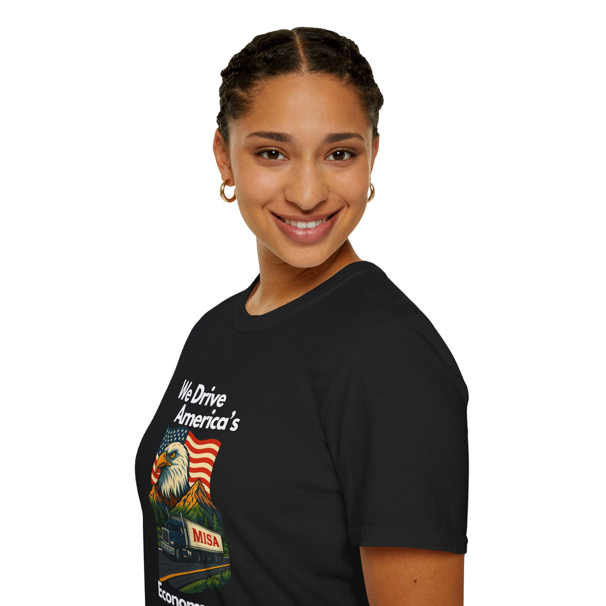 Unisex softstyle T-shirt with vintage truck design and "We Drive America's Economy" slogan in charcoal color.