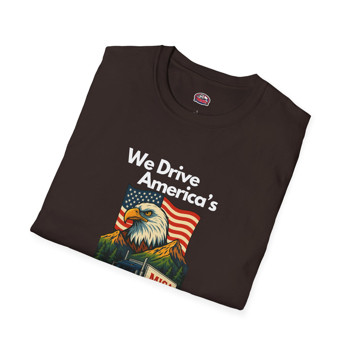 Charcoal unisex softstyle T-shirt featuring a vintage truck design with the slogan "We Drive America's Economy."
