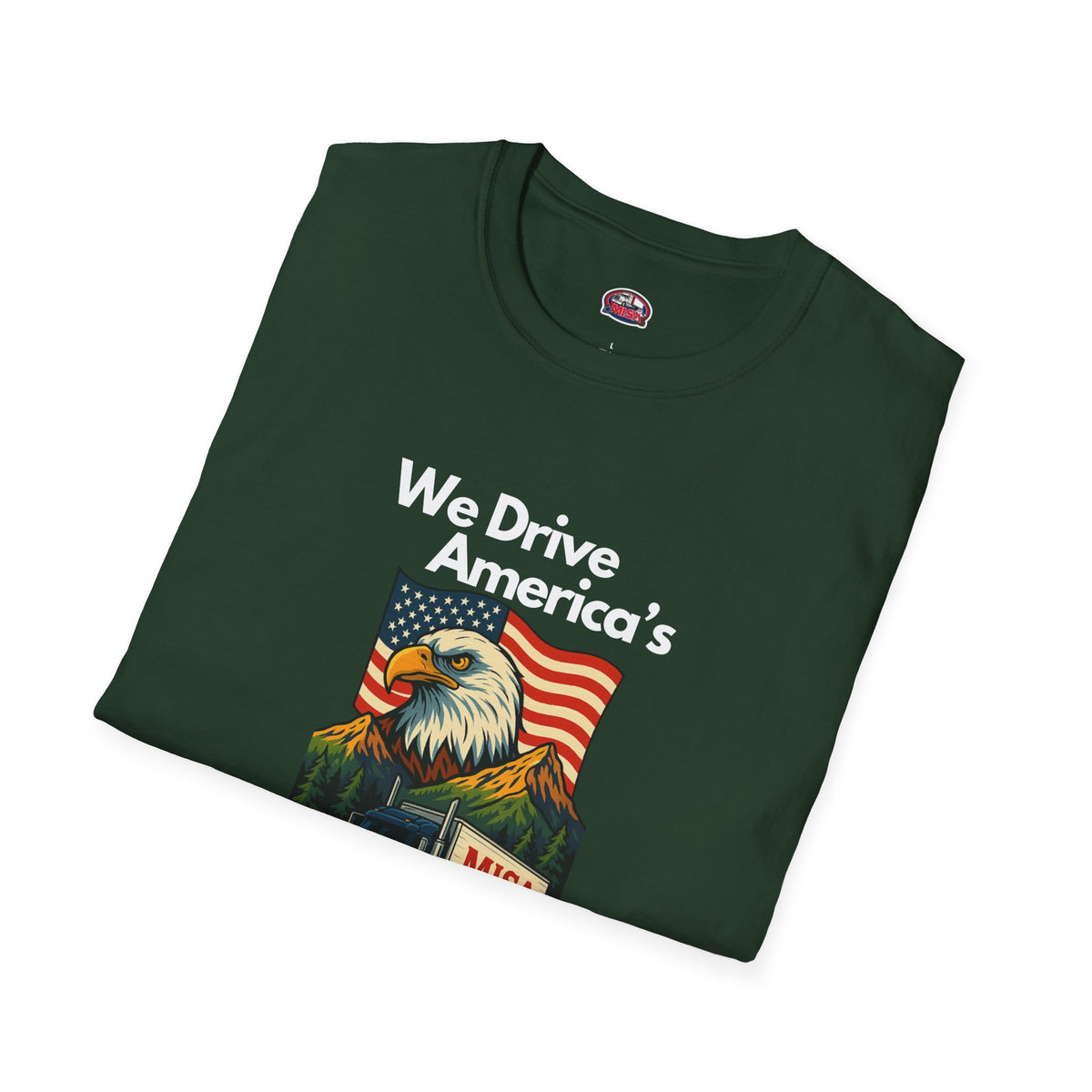 Charcoal unisex softstyle T-shirt with vintage truck design and "We Drive America's Economy" slogan, from Printify.