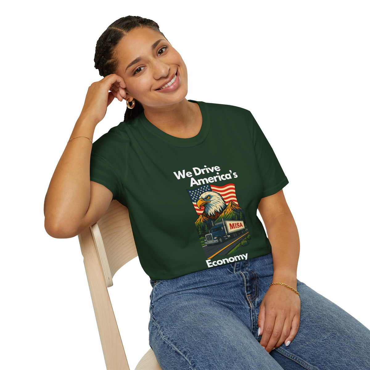 Charcoal unisex softstyle T-shirt with vintage truck design and "We Drive America's Economy" slogan by Printify.