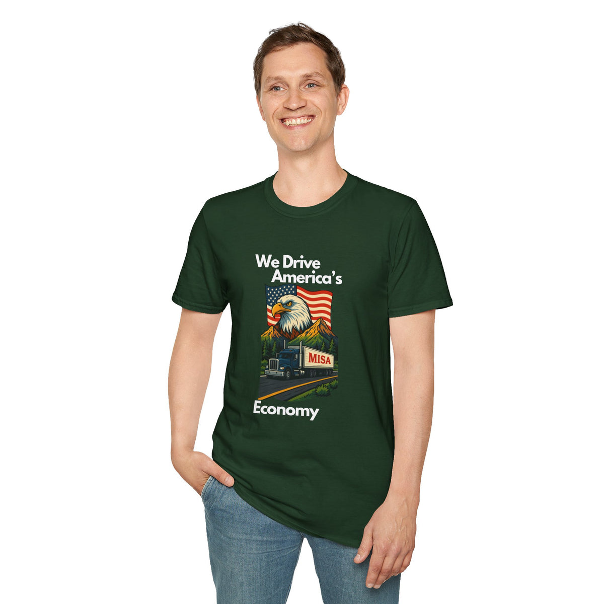Charcoal unisex softstyle T-shirt with vintage truck graphic and "We Drive America's Economy" text, by Printify.