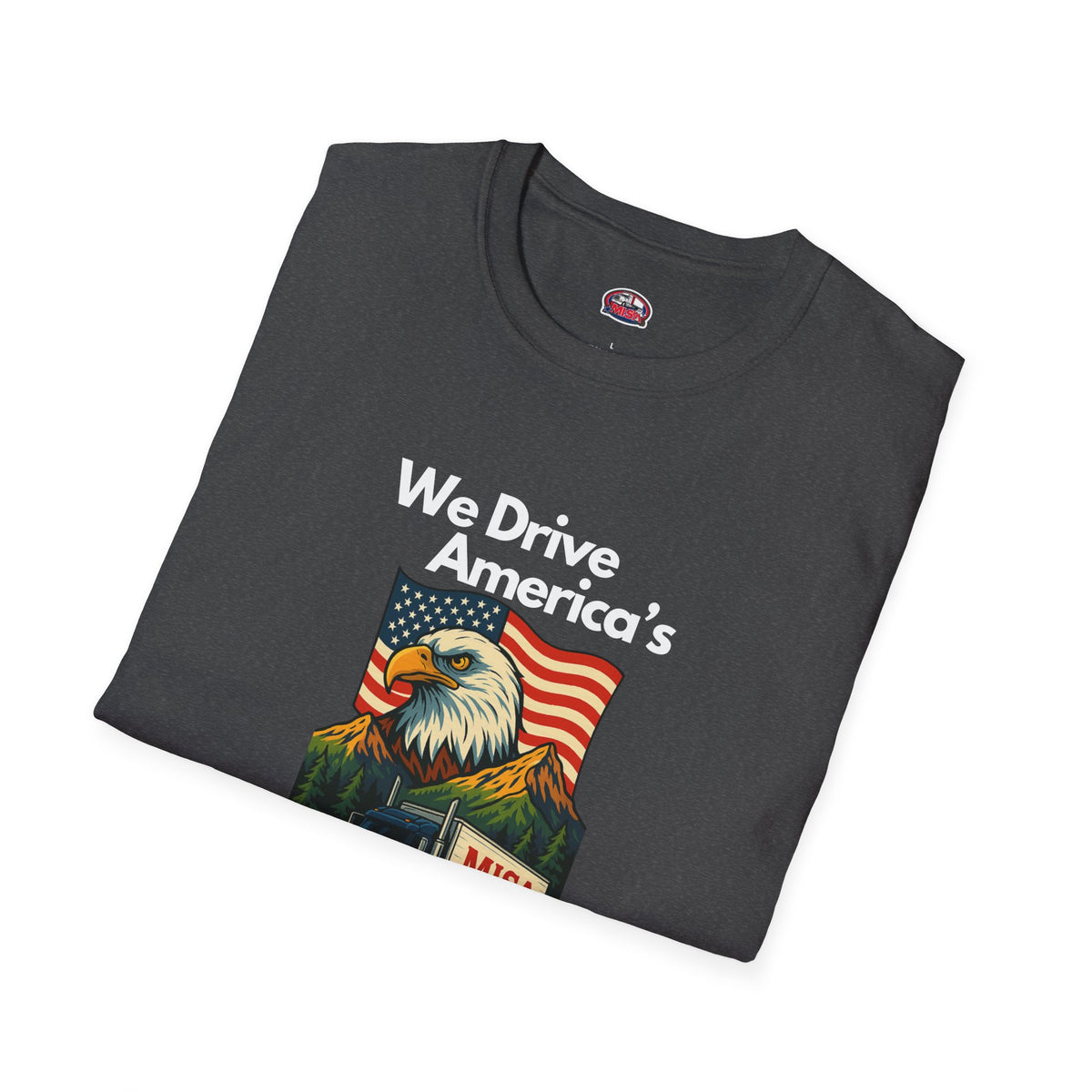 Charcoal unisex softstyle T-shirt with vintage truck design and "We Drive America's Economy" slogan, by Printify.