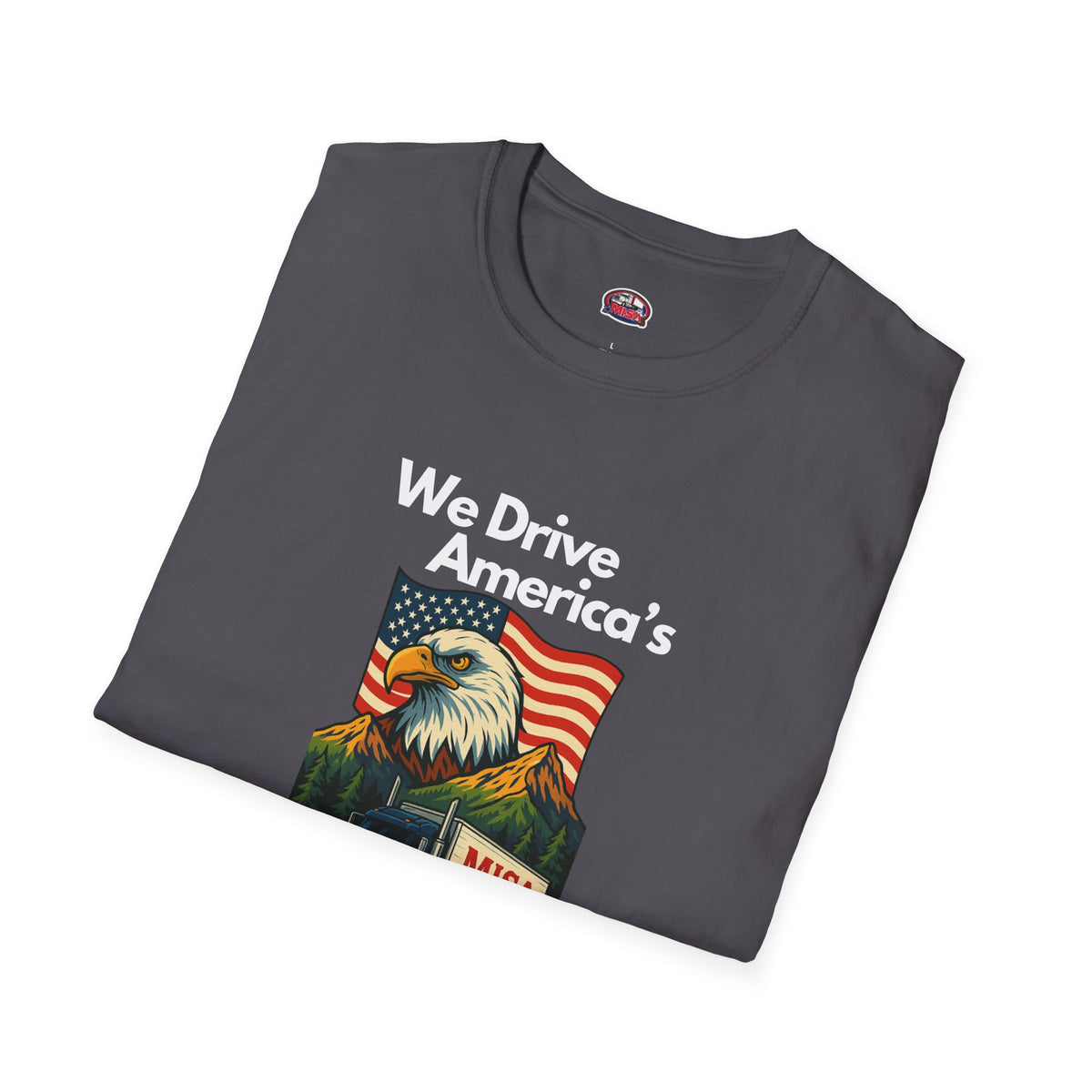 Charcoal unisex softstyle T-shirt with vintage truck design and "We Drive America's Economy" slogan, by Printify.