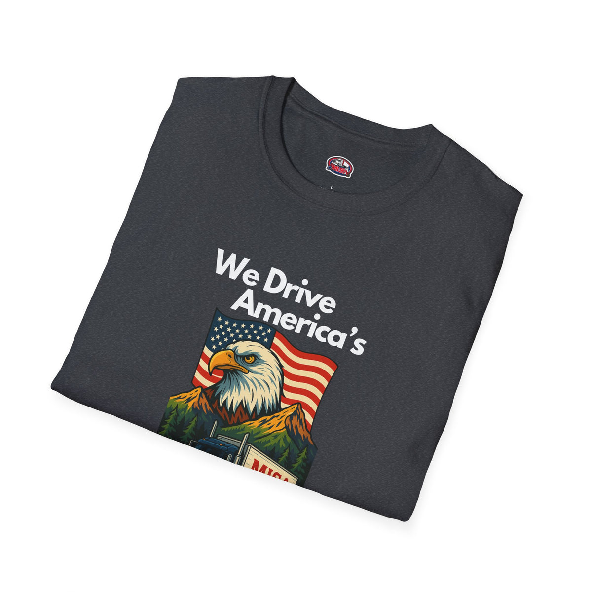 Charcoal unisex softstyle T-shirt with vintage truck design and "We Drive America's Economy" slogan, from Printify.