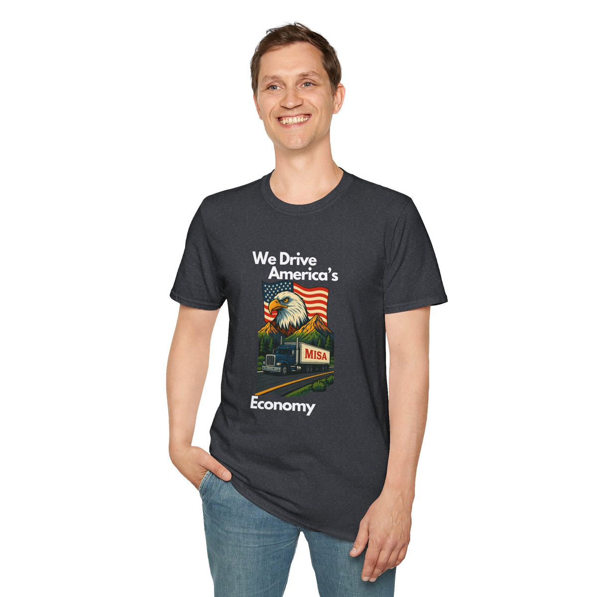 Charcoal unisex softstyle T-shirt with vintage truck design and "We Drive America's Economy" slogan, by Printify.