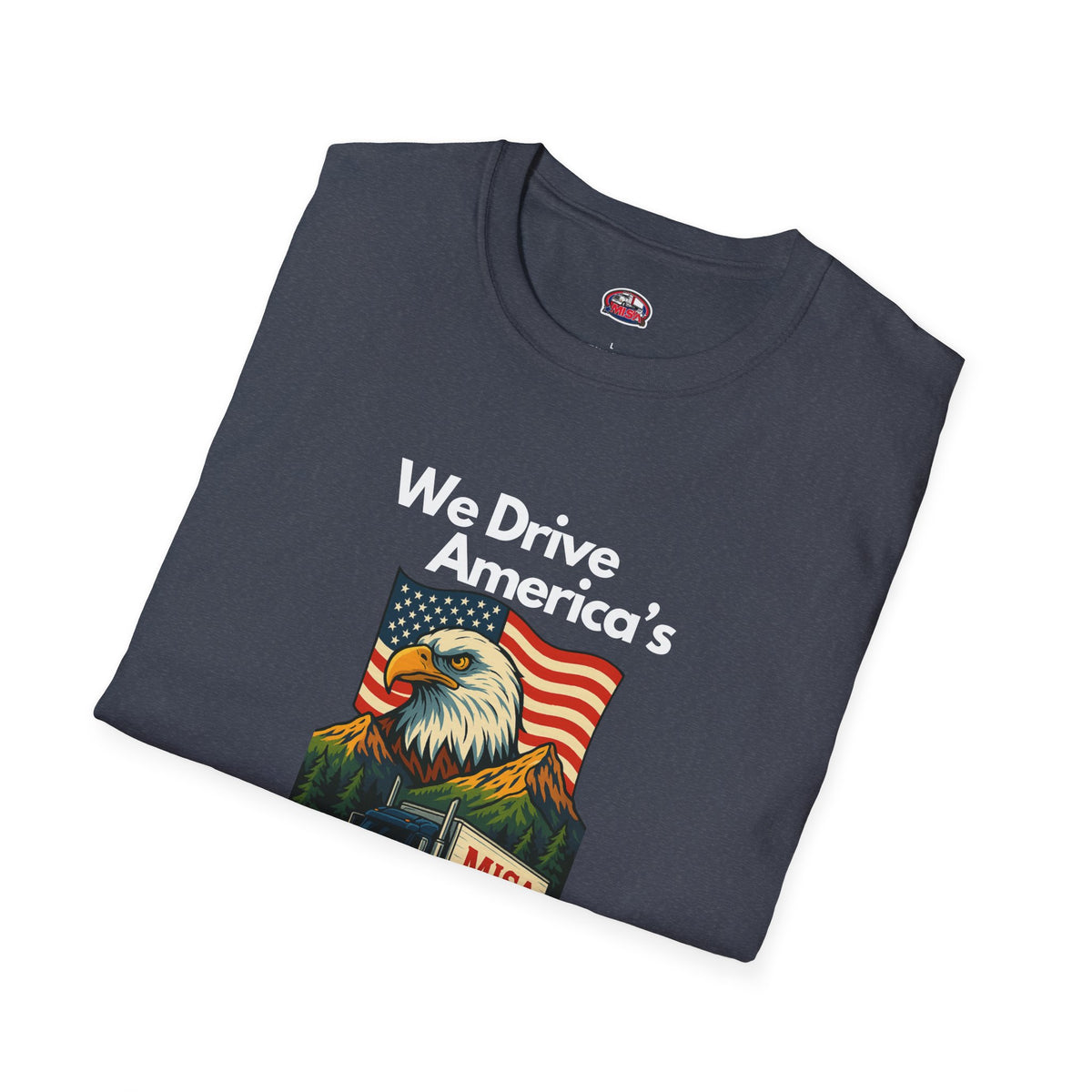 Unisex charcoal softstyle T-shirt with vintage truck design and "We Drive America's Economy" slogan by Printify.