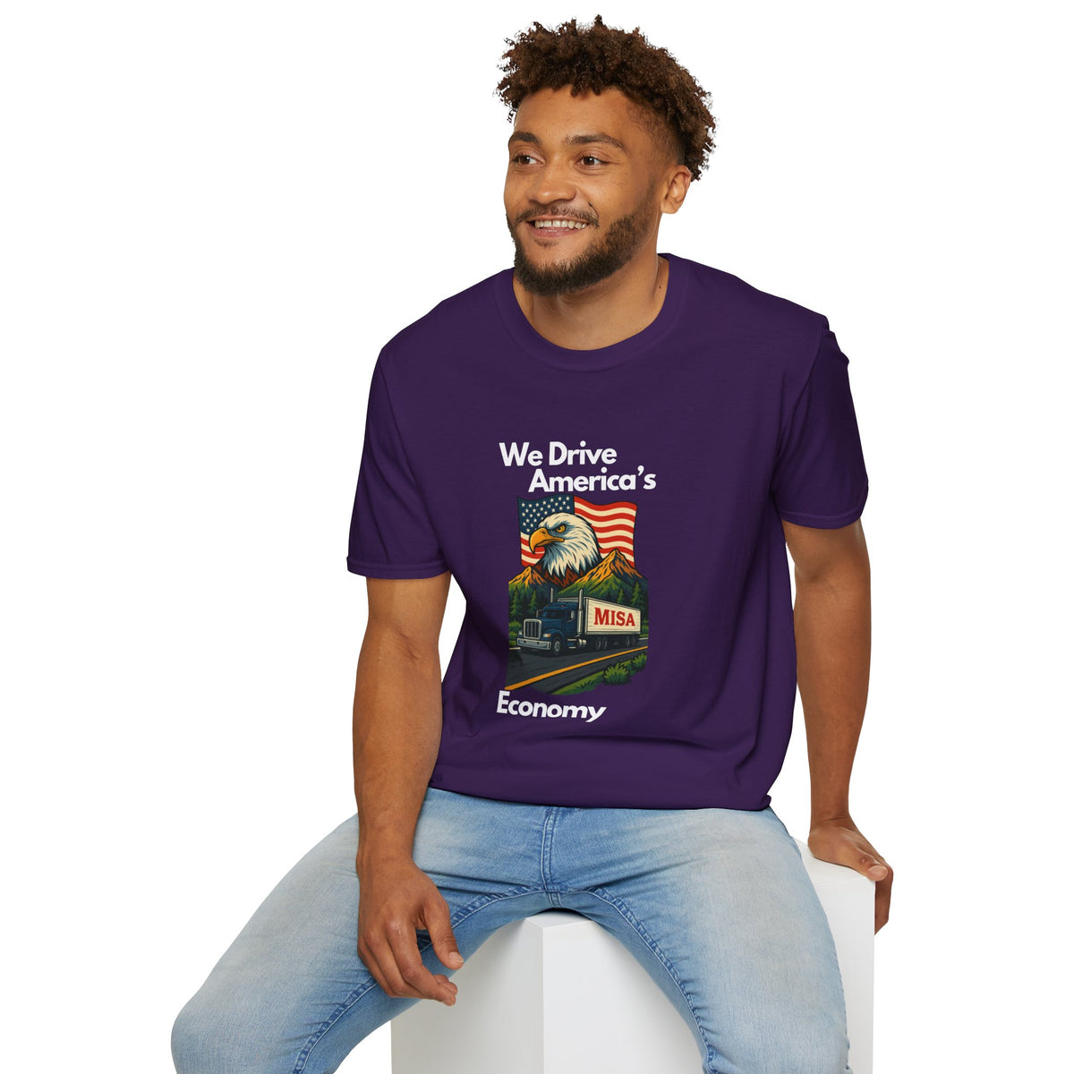 Charcoal unisex softstyle T-shirt with vintage truck graphic and "We Drive America's Economy" slogan by Printify.