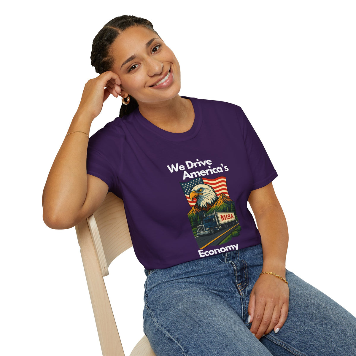 Unisex charcoal softstyle T-shirt with vintage truck design and "We Drive America's Economy" slogan, by Printify.