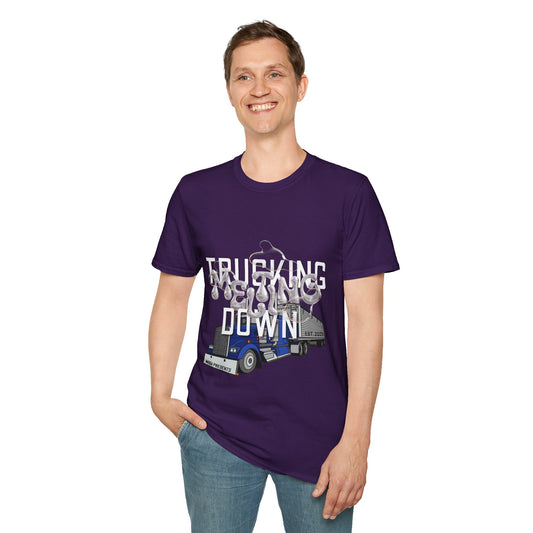 Dark heather trucking collection T-shirt by Printify featuring bold design celebrating the worst market in a decade.