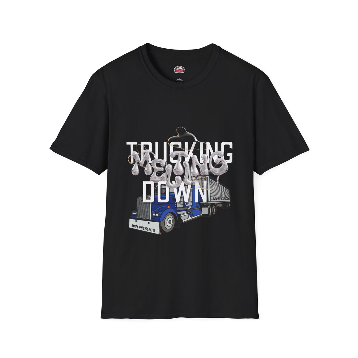 Dark heather Trucking Collection T-Shirt by Printify featuring a design celebrating the worst market in a decade.