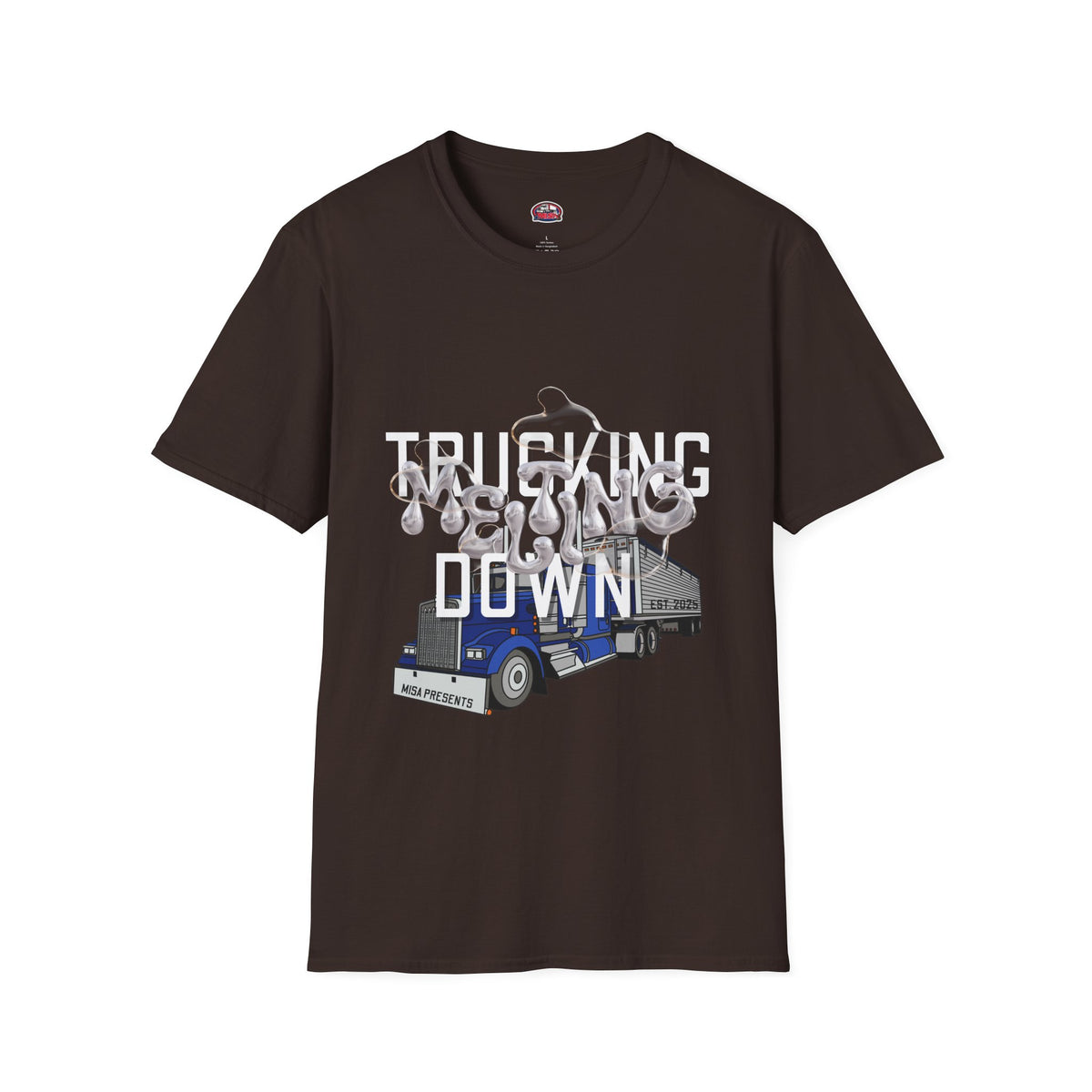 Dark heather Trucking Collection T-Shirt by Printify featuring bold text celebrating the worst market in a decade.