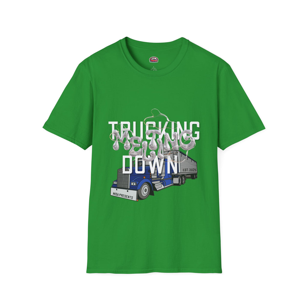 Dark heather trucking collection T-shirt by Printify featuring bold graphic celebrating the worst market in a decade.