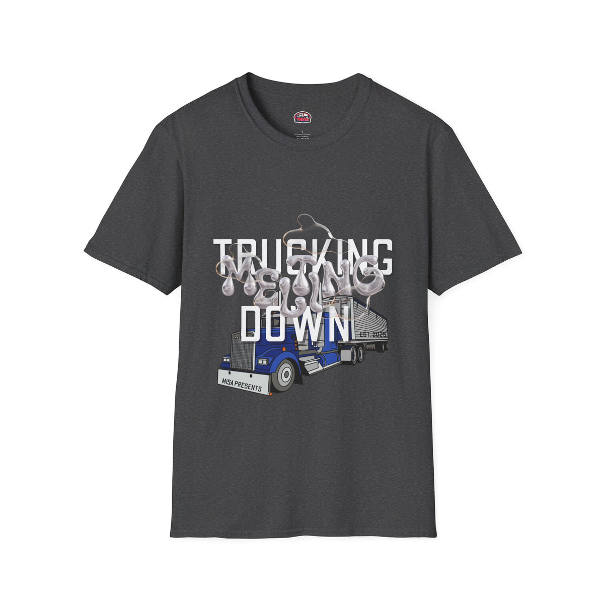Dark heather trucking collection T-shirt by Printify featuring bold graphics celebrating the worst market in a decade.