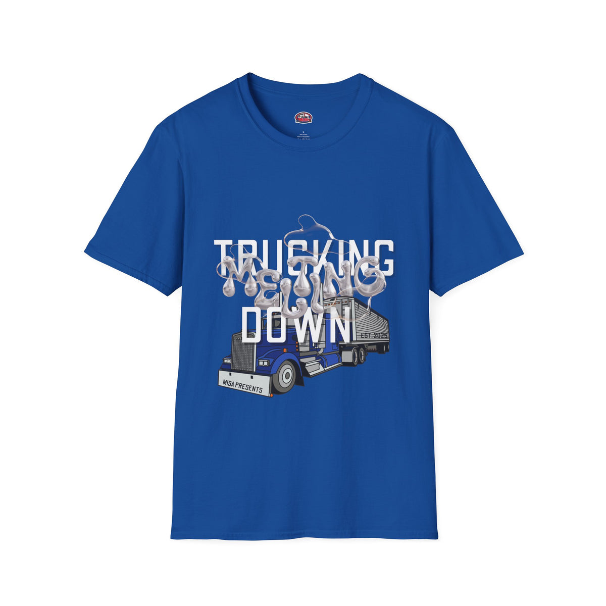 Dark heather Trucking Collection T-Shirt by Printify featuring bold graphics celebrating the worst market in a decade.