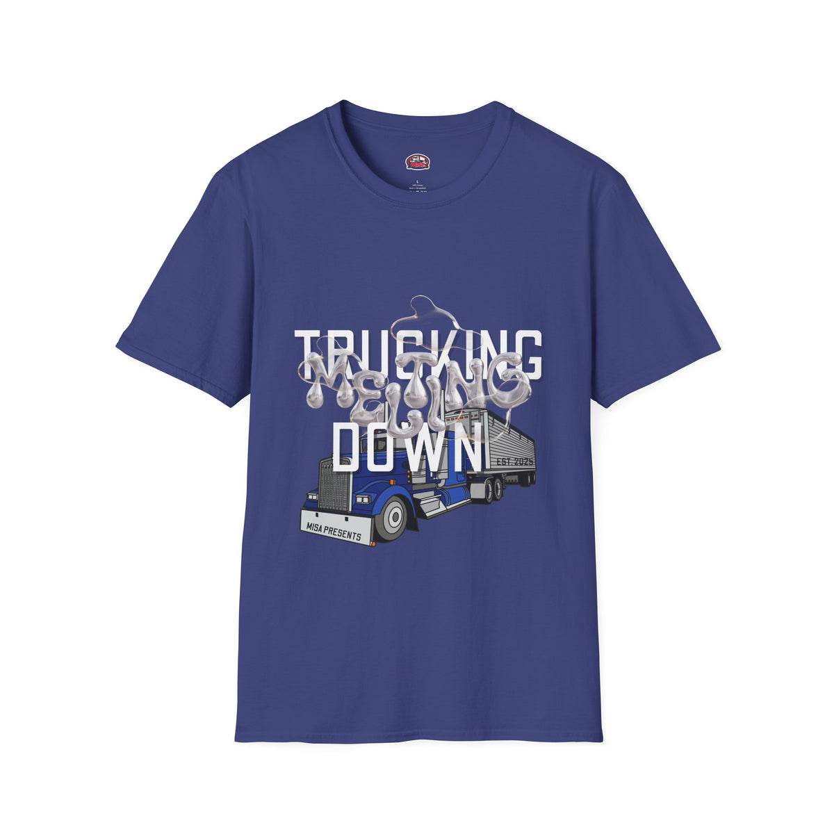 Dark heather Trucking Collection T-Shirt by Printify featuring bold graphics celebrating the worst market in a decade.
