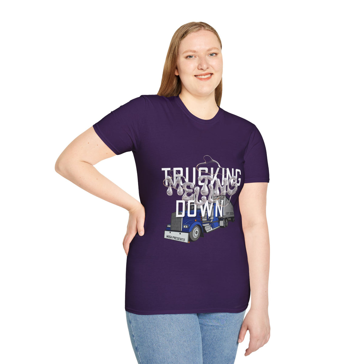 Dark heather Trucking Collection T-Shirt by Printify featuring bold print celebrating the worst market in a decade.