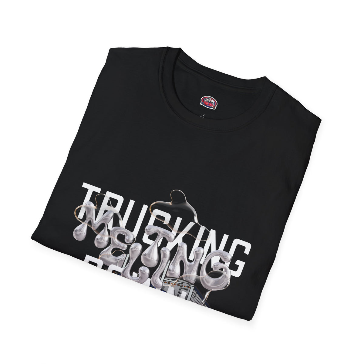 Dark heather Trucking Collection T-Shirt by Printify featuring bold graphics celebrating the worst market in a decade.